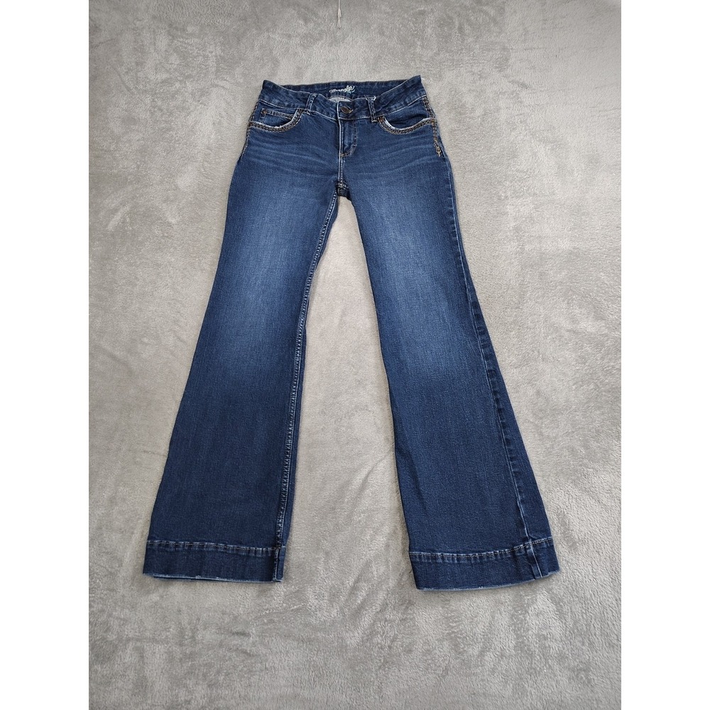 Wrangler 75 Years Jeans 9x34 Women Flare Dark Blue Wide Leg Classic Thick Stitch